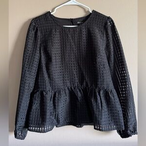 New Versona Textured Black Long Sleeve Peplum Blouse, Size Medium